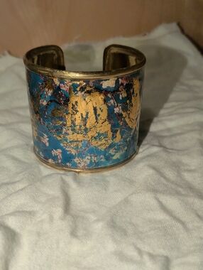 Blue and Gold Marbled Wide Cuff Bracelet Metal Adjustable Bracelet QVC